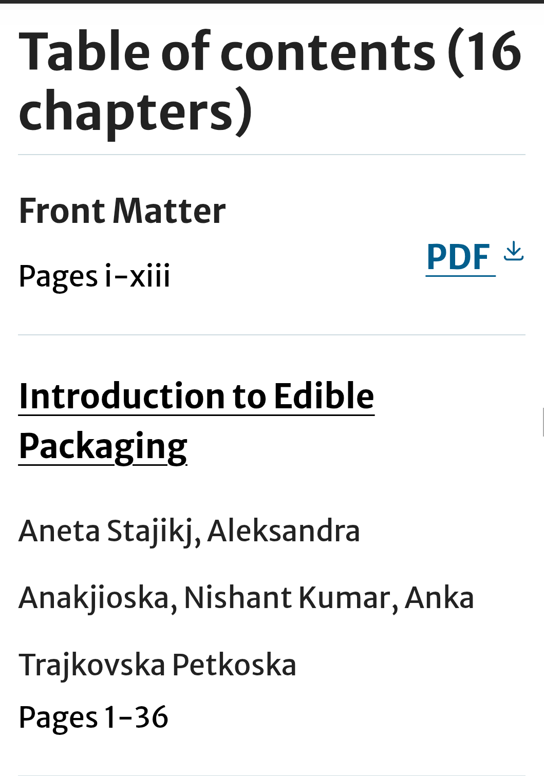 Содржина на книгата со поглавјето Introduction to Edible Packaging и авторите